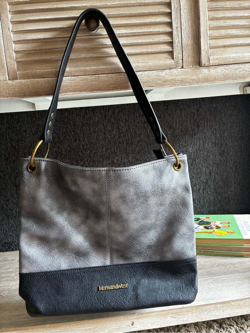 Montana West Gray and Black Shoulder Bag with Gold Accents